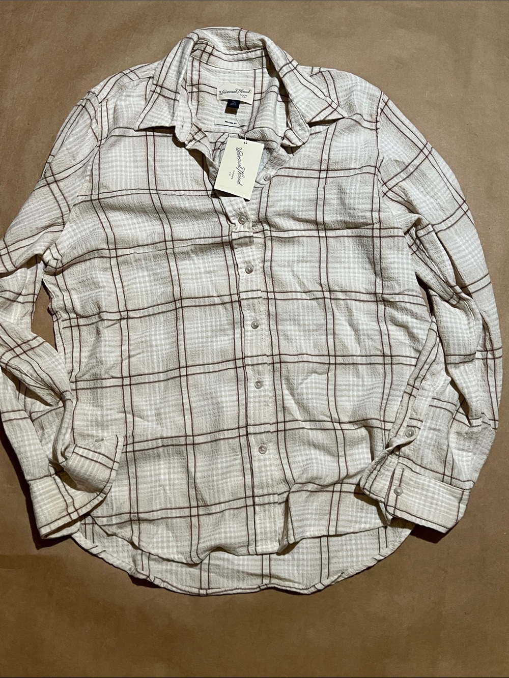 Universal Thread Cream and Brown Plaid Women's Button-Down Shirt